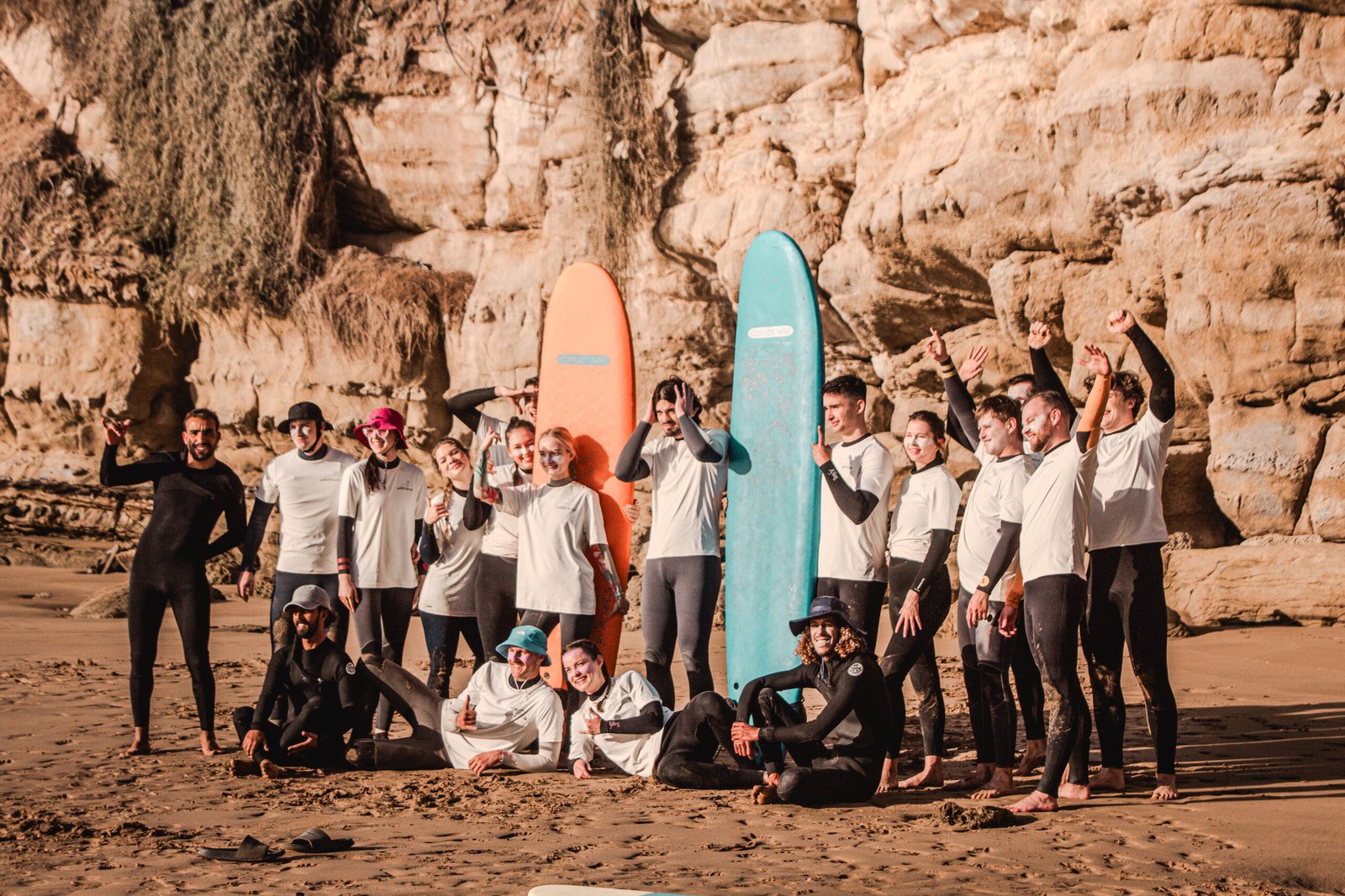 Azure Surf Morocco students celebrating after a surf lesson in Imsouane