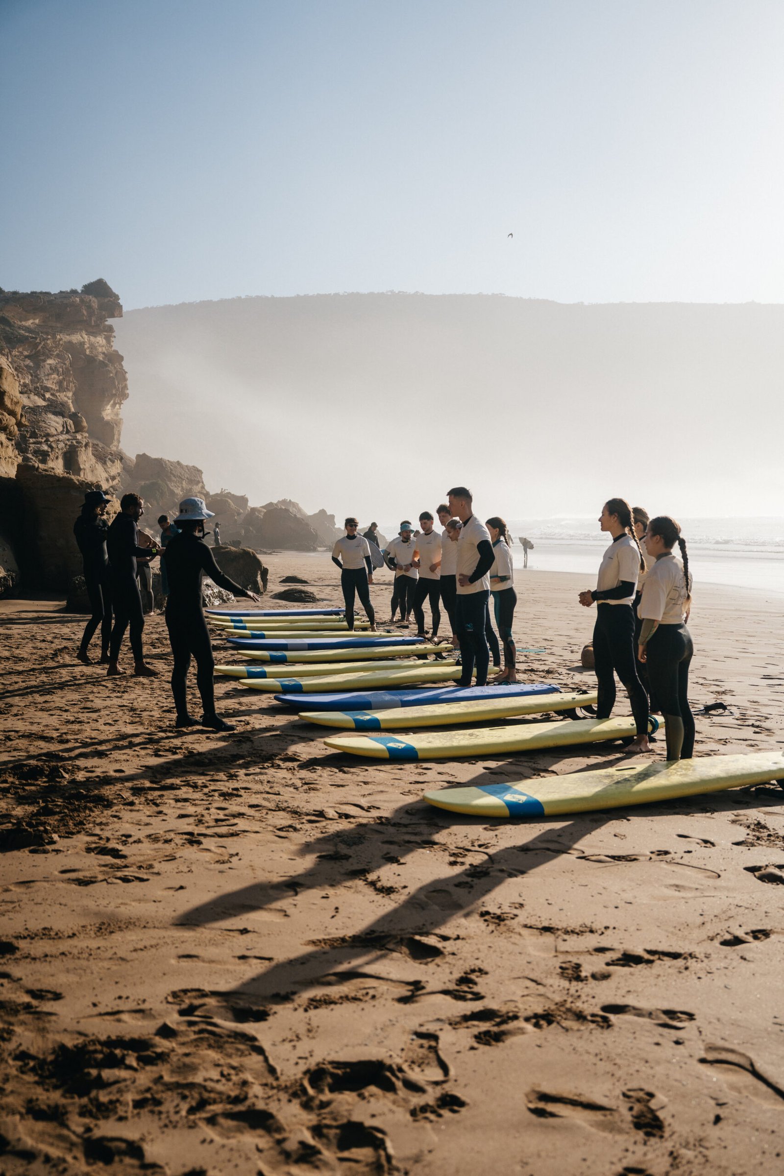 Surf group and boards lined up for a lesson in Imsouane